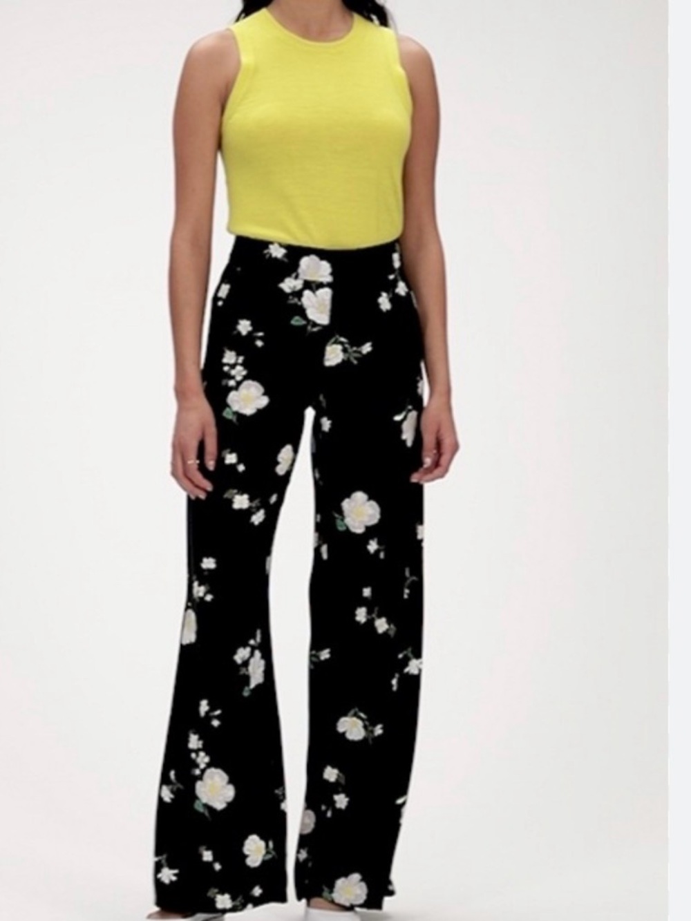 Banana Republic Navy Floral Wide-Leg Trousers with White & Yellow Blooms